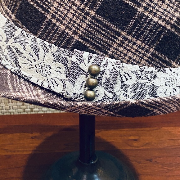 ?2xHP?NWOT Brown Plaid Wool & Lace Fedora Hat main image 9